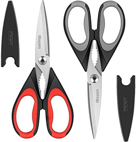 Kitchen Shears, iBayam Kitchen Scissors Heavy Duty Meat Scissors Poultry Shears, Dishwasher Safe Food Cooking Scissors All Purpose Stainless Steel Utility Scissors, 2-Pack (Black Red, Black Gray)