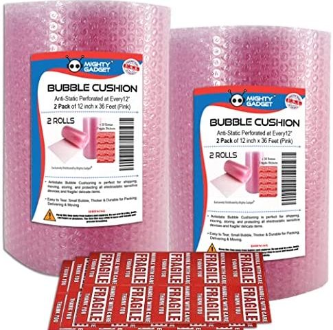 2 Pack of Mighty Gadget Bubble Cushioning Wrap Rolls, 12" x 72’ ft Total, Perforated Every 12" for Packaging, Shipping, Mailing with 30 Bonus Fragile Stickers Included (Pink)
